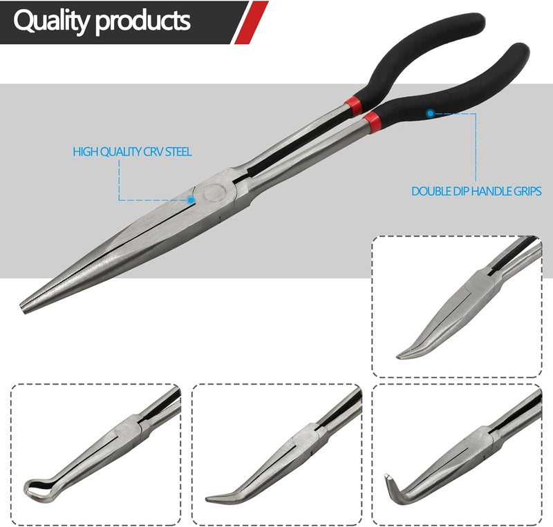 MFBJXC 5 Pack 11" Precision Long Nose Pliers Set with Insulated Comfort Grip Handles,Straight Long Needle Nose Pliers, 25/45/90° Curved & Circle for Wire Shaping/Trimming - Image 3